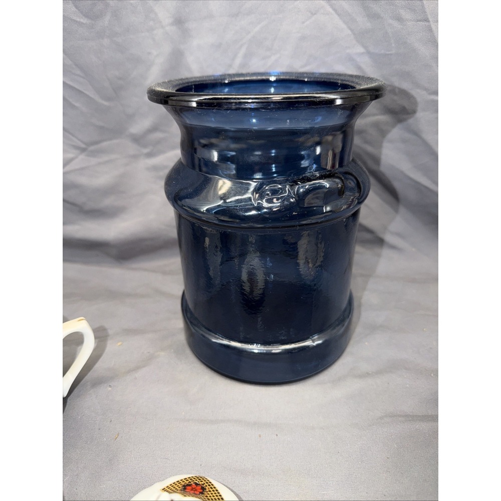 Vintage LE Smith Glass Cream Milk Can Canister Storage Cookie Jar Blue No Lid‎